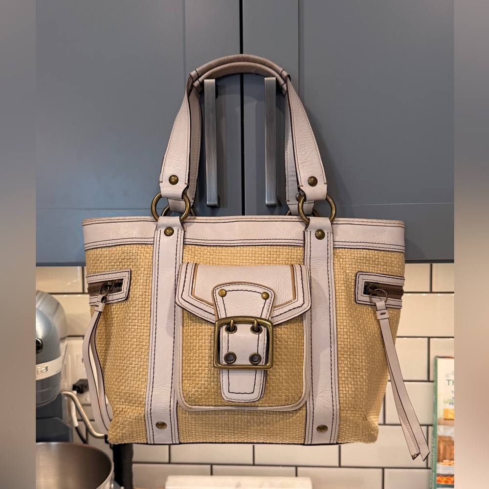 Vintage Coach 2004 Legacy Woven Straw White Leather Tote M05K-113